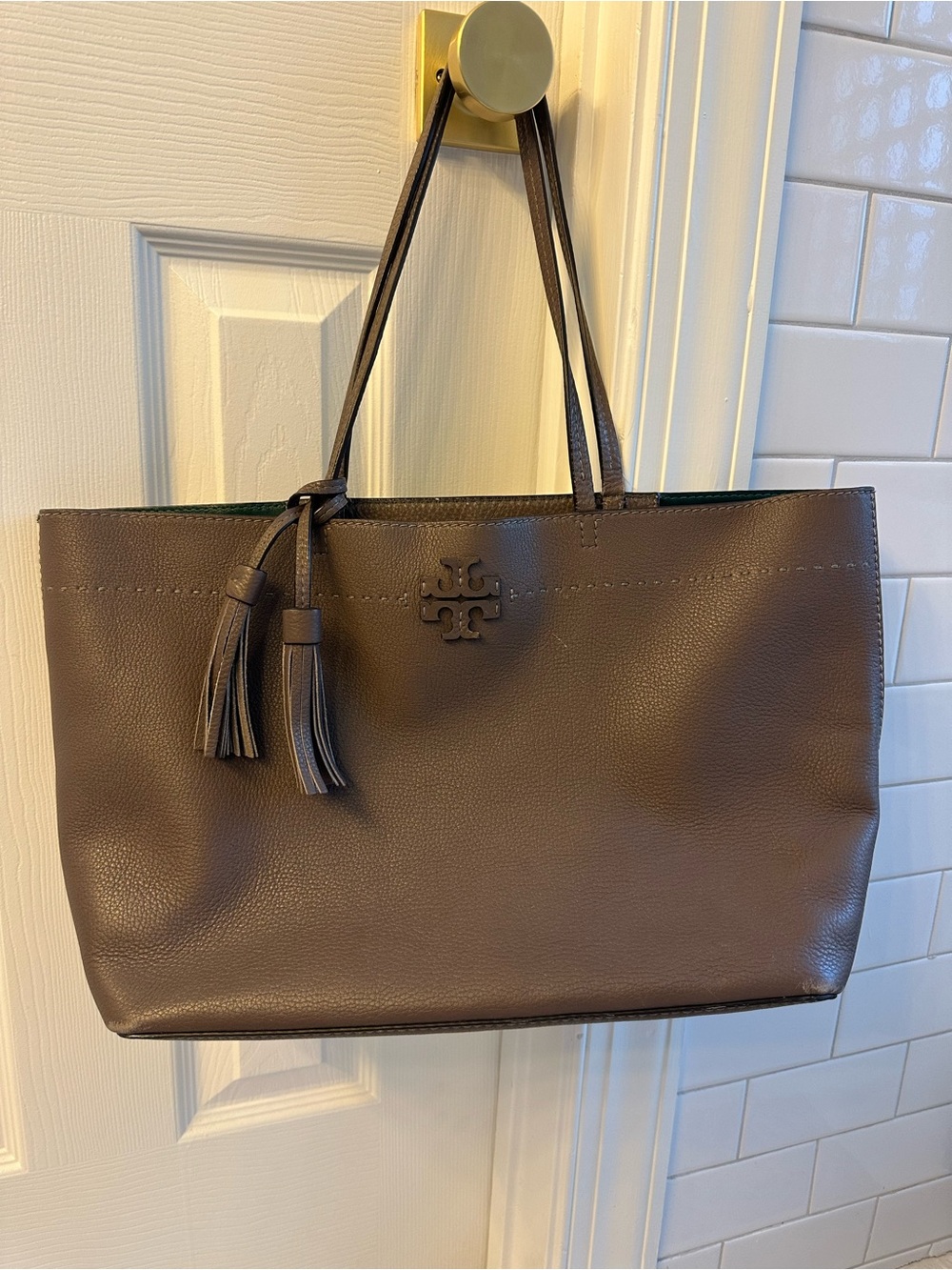 Tory Burch French Gray Pebbled Leather Tote with Tassel Accents